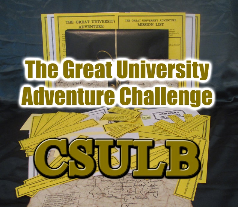 May include: A collection of yellow and white paper documents, maps, and a black folder. The text "The Great University Adventure Challenge" and "CSULB" are prominently displayed. The documents appear to be part of a game or educational activity.