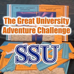 May include: A collection of adventure game materials, including maps, mission lists, and clue cards. The title "The Great University Adventure Challenge" is prominently displayed. The letters "SSU" are also visible.