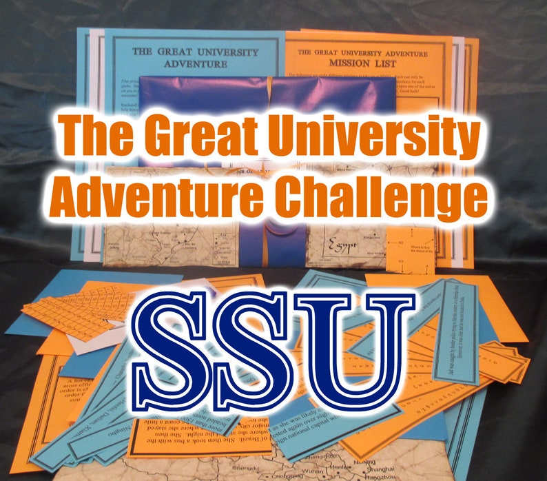 May include: A collection of adventure game materials, including maps, mission lists, and clue cards. The title "The Great University Adventure Challenge" is prominently displayed. The letters "SSU" are also visible.