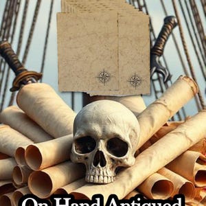 May include: Image features antique paper for creating pirate treasure maps. The image includes a skull, rolled scrolls, and swords. The text reads "Create Your Own Pirate Treasure Maps!" and "On Hand Antiqued Paper."