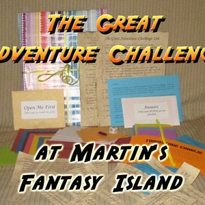 May include: A collection of adventure challenge materials, including cards, envelopes, and papers. The text "THE GREAT ADVENTURE CHALLENGE" is displayed in a bold, orange font. The phrase "AT MARTIN'S FANTASY ISLAND" is also visible.