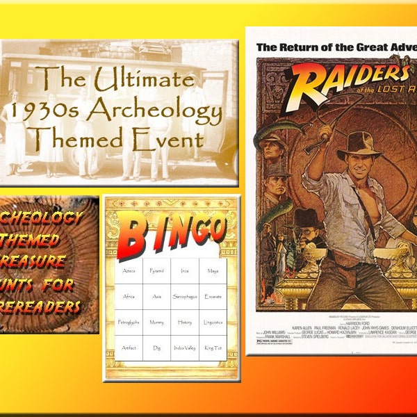 4 Indiana Jones Party Downloads - Archaeology Bingo, Treasure Hunts and more - for a great Indiana Jones Party!