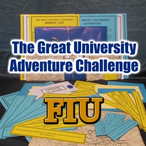 Peut inclure: Un ensemble de jeu d'aventure avec des listes de missions, des feuilles de r&eacute;ponses et des cartes. Le texte "The Great University Adventure Challenge" est affich&eacute;. Le logo FIU est &eacute;galement visible, sugg&eacute;rant un jeu sur le th&egrave;me universitaire.