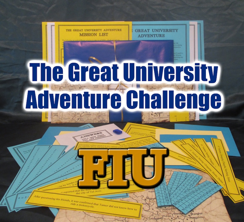Peut inclure: Un ensemble de jeu d'aventure avec des listes de missions, des feuilles de r&eacute;ponses et des cartes. Le texte "The Great University Adventure Challenge" est affich&eacute;. Le logo FIU est &eacute;galement visible, sugg&eacute;rant un jeu sur le th&egrave;me universitaire.
