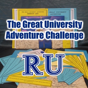 May include: A collection of materials for "The Great University Adventure Challenge." The image features various papers, maps, and documents in shades of blue, yellow, and cream. The letters "RU" are prominently displayed, suggesting a university theme.