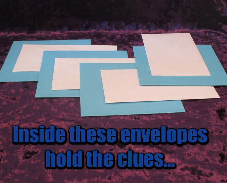May include: Several light blue and white envelopes are arranged on a purple surface. The text "Inside these envelopes hold the clues..." is displayed in blue and white.