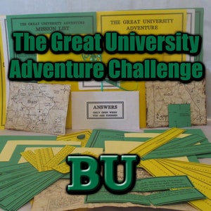 May include: A collection of materials for "The Great University Adventure Challenge." The items include mission lists, maps, and answer sheets. The text "BU" is prominently displayed in green and white. The overall color scheme is yellow and green.