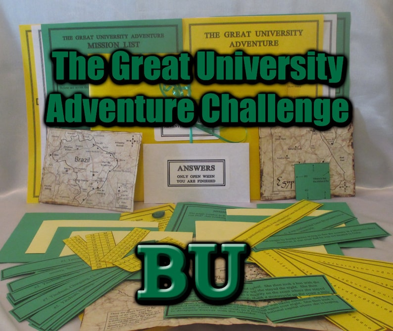 May include: A collection of materials for "The Great University Adventure Challenge." The items include mission lists, maps, and answer sheets. The text "BU" is prominently displayed in green and white. The overall color scheme is yellow and green.