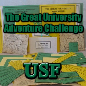 May include: A collection of materials for "The Great University Adventure Challenge." The items include a mission list, maps, and answer sheets. The text "USF" is prominently displayed in green and white. The overall color scheme is yellow and green.