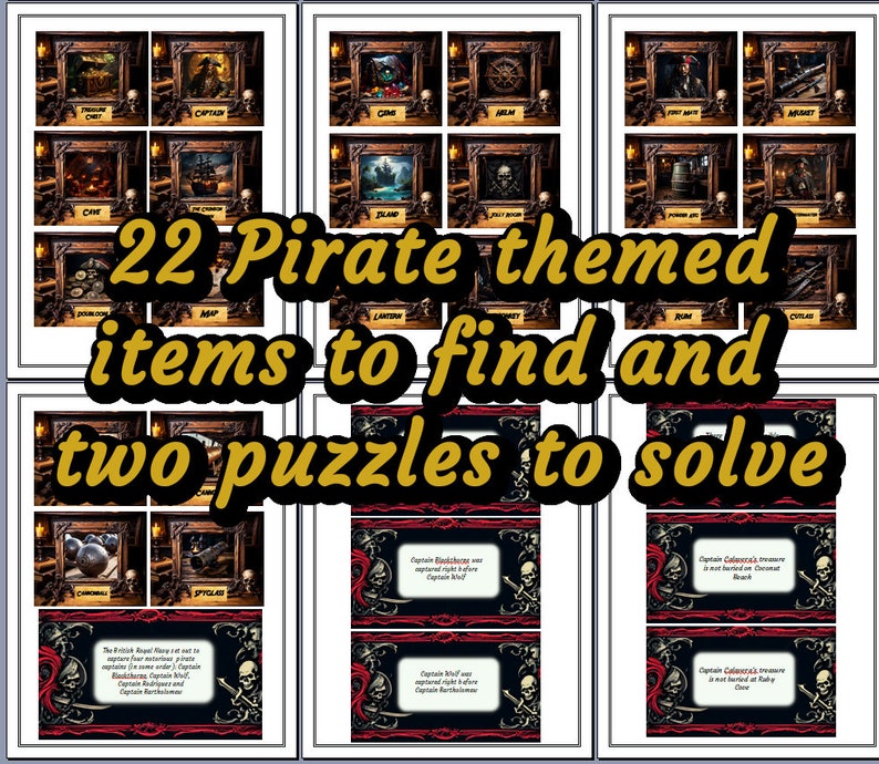 May include: A collection of framed pirate-themed images and puzzles. The text reads "22 Pirate themed items to find and two puzzles to solve." The images depict treasure chests, maps, and pirate ships.