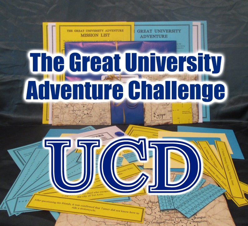 May include: A collection of adventure game materials, including mission lists, maps, and clue cards. The text "The Great University Adventure Challenge" is prominently displayed. The letters "UCD" are also visible, suggesting a university-themed game.