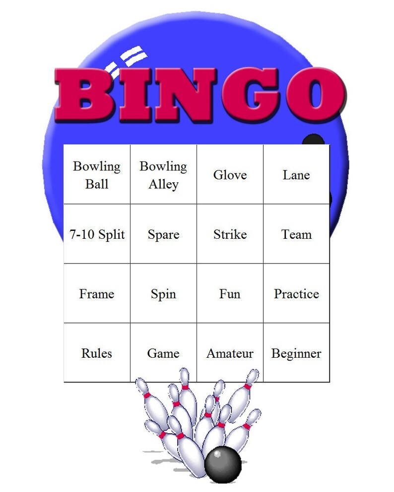 May include: A bowling-themed bingo card with the word "BINGO" in red letters on a blue background. The card features bowling-related terms like "Bowling Ball," "Strike," and "Spare." A graphic of bowling pins and a ball is at the bottom.