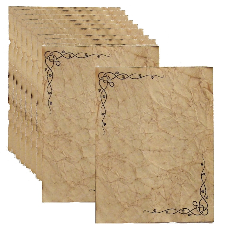 May include: A stack of parchment paper sheets with a distressed, aged appearance. Each sheet has a decorative black corner design. The paper has a textured, wrinkled surface and a warm, brown color, suggesting an antique or vintage aesthetic.