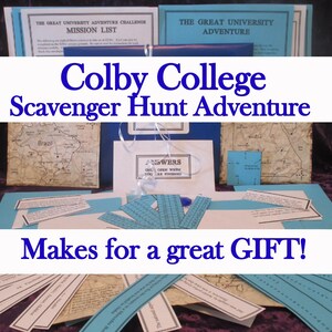 May include: A Colby College Scavenger Hunt Adventure kit with mission lists, maps, and clues. The kit includes blue and white paper elements, with the text "Makes for a great GIFT!" and "Answers" visible.
