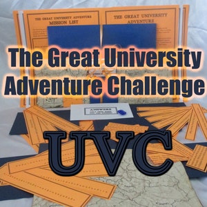 May include: An assortment of materials for "The Great University Adventure Challenge" are displayed. The image includes orange and blue paper elements, a map, and the letters "UVC". Text on the image includes "Mission List" and "Answers Only When You Are Hidden".