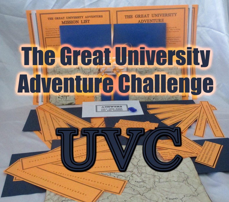 May include: An assortment of materials for "The Great University Adventure Challenge" are displayed. The image includes orange and blue paper elements, a map, and the letters "UVC". Text on the image includes "Mission List" and "Answers Only When You Are Hidden".