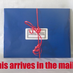May include: A rectangular package wrapped in blue paper, tied with a red ribbon. A white label with black text reads "THE GREAT UNIVERSITY ADVENTURE CHALLENGE". The text "This arrives in the mail..." is at the bottom.