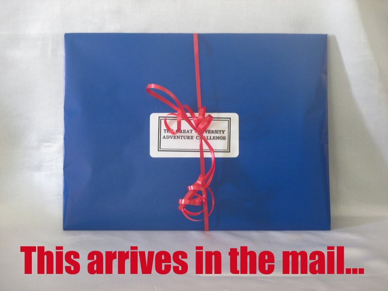May include: A rectangular package wrapped in blue paper, tied with a red ribbon. A white label with black text reads "THE GREAT UNIVERSITY ADVENTURE CHALLENGE". The text "This arrives in the mail..." is at the bottom.