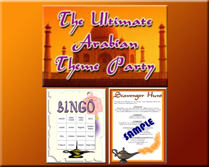以下が含まれることがあります： 「The Ultimate Arabian Theme Party」の文字が入ったオレンジと茶色のグラフィック。下には、アラビアをテーマにした単語が書かれたビンゴカードと、宝探しシートの2枚のゲームシートがあります。下部には金のランプのイラストがあります。