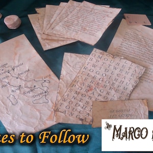 May include: A collection of aged paper clues, including a map of Italy, a word search, and handwritten notes. The text "Clues to Follow" and "The Marco Polo Expedition" are visible. Several small, round, tan objects are also present.