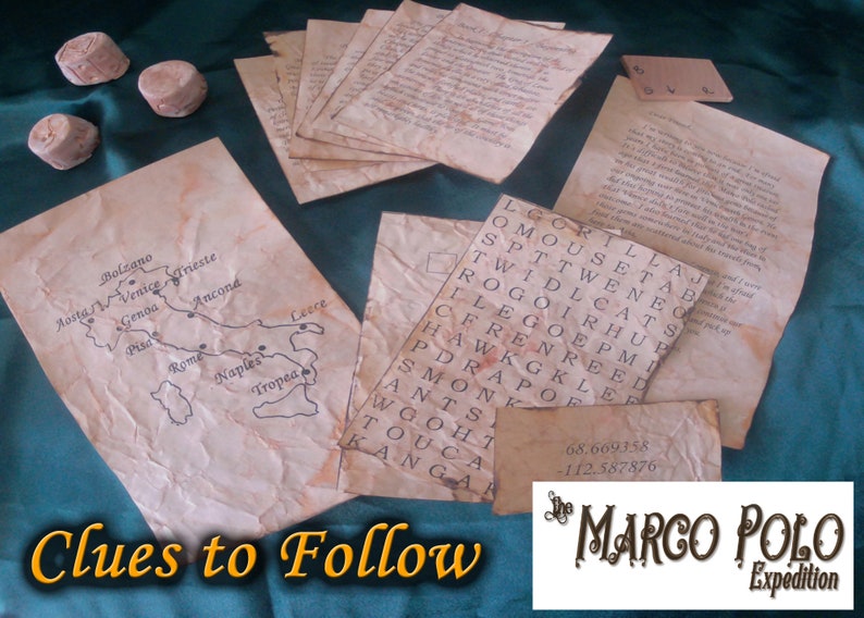May include: A collection of aged paper clues, including a map of Italy, a word search, and handwritten notes. The text "Clues to Follow" and "The Marco Polo Expedition" are visible. Several small, round, tan objects are also present.