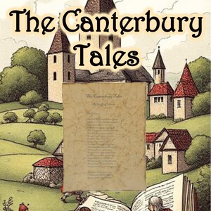 K&ouml;nnte beinhalten: Antike Reproduktion der ersten Seite von "The Canterbury Tales". Das Bild zeigt eine detaillierte Illustration einer mittelalterlichen Szene mit Figuren, die ein gro&szlig;es Buch lesen, und Text oben, der lautet: "Antiquierte Erstdruck-Reproduktion The Canterbury Tales."