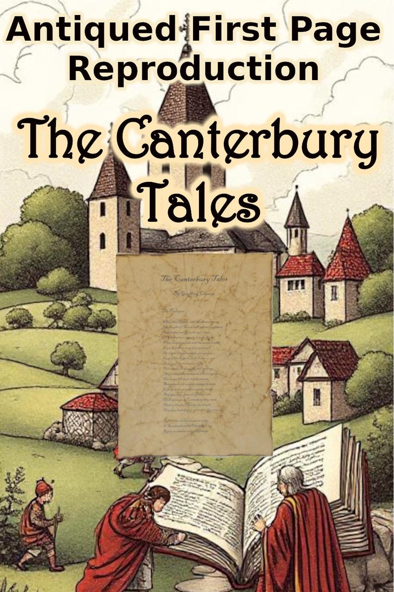 K&ouml;nnte beinhalten: Antike Reproduktion der ersten Seite von "The Canterbury Tales". Das Bild zeigt eine detaillierte Illustration einer mittelalterlichen Szene mit Figuren, die ein gro&szlig;es Buch lesen, und Text oben, der lautet: "Antiquierte Erstdruck-Reproduktion The Canterbury Tales."