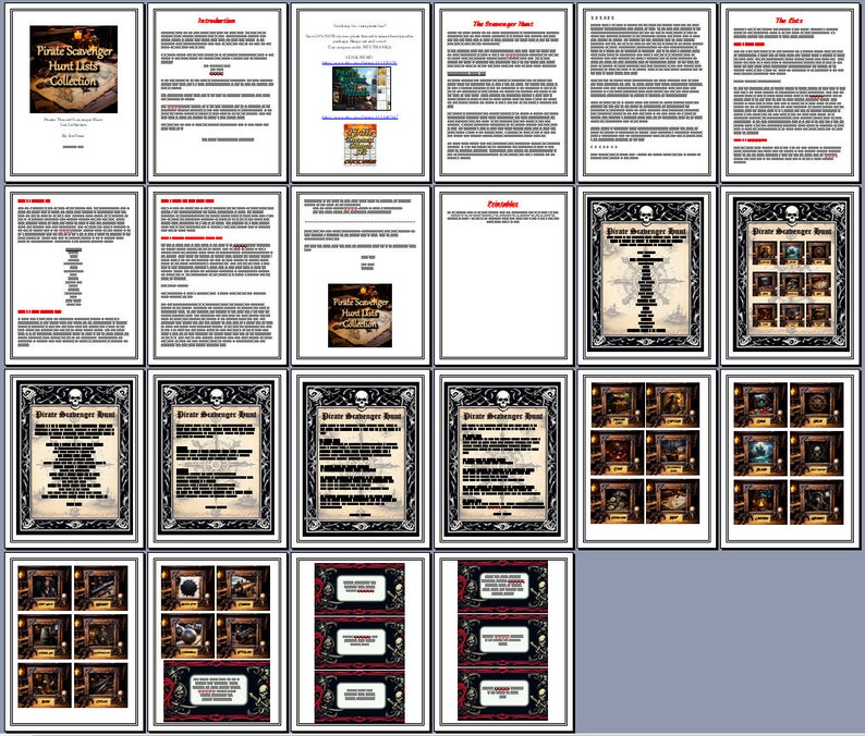 May include: A collection of printable pages with a pirate theme. The pages include text, illustrations, and decorative borders. The title "Pirate Scavenger Hunt Hints Collection" is visible on several pages. The overall color scheme is black, white, and brown.