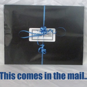 May include: A black parcel tied with a blue ribbon and bow. A white label with black text reads "The Great University Adventure Challenge". The text "This comes in the mail..." is written in blue at the bottom.