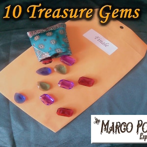 May include: An orange envelope with the word "Finale" on a white sticker, surrounded by colorful gems. A small teal pouch with a patterned design spills out gems. The text "10 Treasure Gems" is at the top, and "The Marco Polo Expedition" logo is at the bottom.