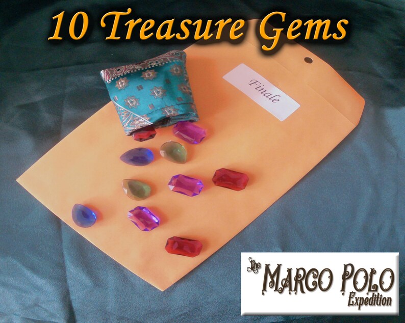 May include: An orange envelope with the word "Finale" on a white sticker, surrounded by colorful gems. A small teal pouch with a patterned design spills out gems. The text "10 Treasure Gems" is at the top, and "The Marco Polo Expedition" logo is at the bottom.