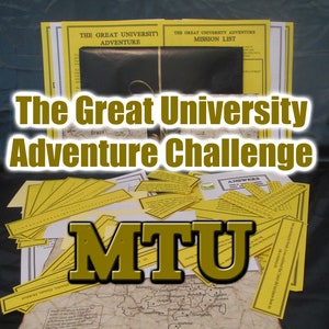 May include: A collection of adventure game materials, including yellow answer cards, mission lists, and a map. The title "The Great University Adventure Challenge" is prominently displayed, along with the letters "MTU".