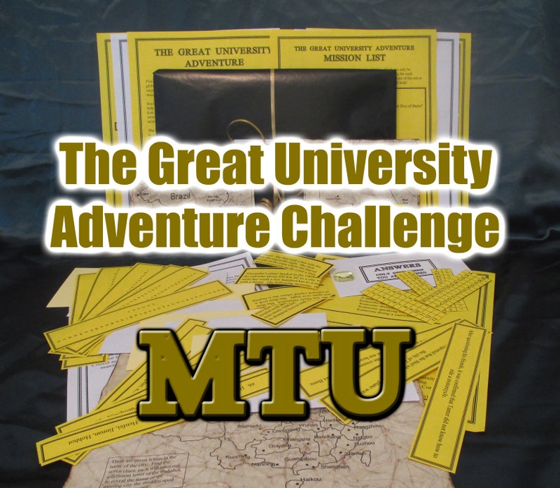May include: A collection of adventure game materials, including yellow answer cards, mission lists, and a map. The title "The Great University Adventure Challenge" is prominently displayed, along with the letters "MTU".