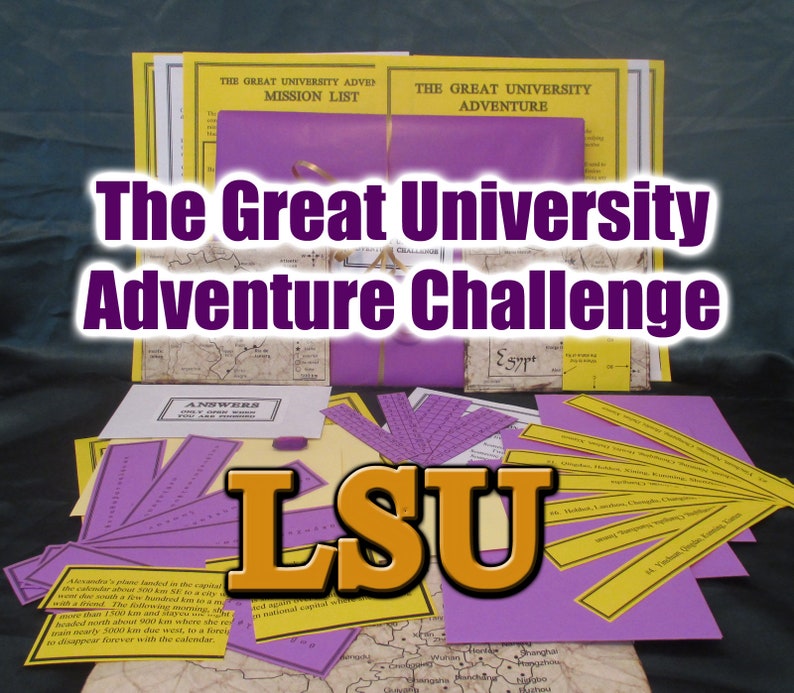 May include: A collection of educational materials for "The Great University Adventure Challenge" with the letters "LSU" in orange. The materials include mission lists, answer sheets, and maps, all in yellow and purple.