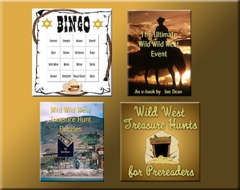 Op de afbeelding: Een verzameling items met een Wild West-thema. Bevat een bingobord met cowboy-gerelateerde woorden, een e-book cover getiteld "The Ultimate Wild Wild West Event", en twee boekomslagen voor schattenjachten en puzzels, allemaal met een Western-thema.