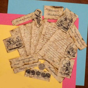 May include: A collection of aged paper ephemera with illustrations and text from Alice in Wonderland. The pieces include quotes, drawings of characters, and the phrase "Welcome to Wonderland." The items are arranged on colorful paper.
