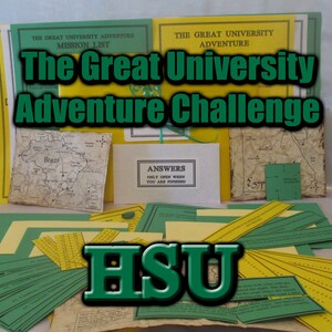 May include: A collection of materials for "The Great University Adventure Challenge." The items include mission lists, maps, and answer sheets. The color scheme is green and yellow, with the letters "HSU" prominently displayed.