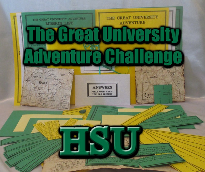 May include: A collection of materials for "The Great University Adventure Challenge." The items include mission lists, maps, and answer sheets. The color scheme is green and yellow, with the letters "HSU" prominently displayed.