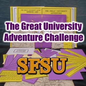 May include: A collection of materials for "The Great University Adventure Challenge" game. The image features yellow and purple papers, maps, and a purple package tied with a gold ribbon. The text "The Great University Adventure Challenge" and "SFSU" are prominently displayed.