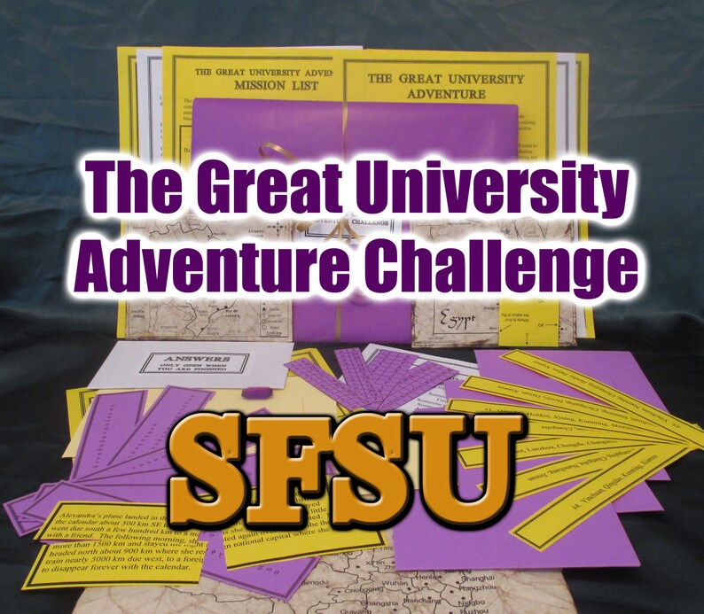 May include: A collection of materials for "The Great University Adventure Challenge" game. The image features yellow and purple papers, maps, and a purple package tied with a gold ribbon. The text "The Great University Adventure Challenge" and "SFSU" are prominently displayed.