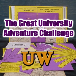 May include: A collection of materials for "The Great University Adventure Challenge" game. Includes yellow mission lists, purple cards, a map, and the text "The Great University Adventure Challenge" in white and purple.