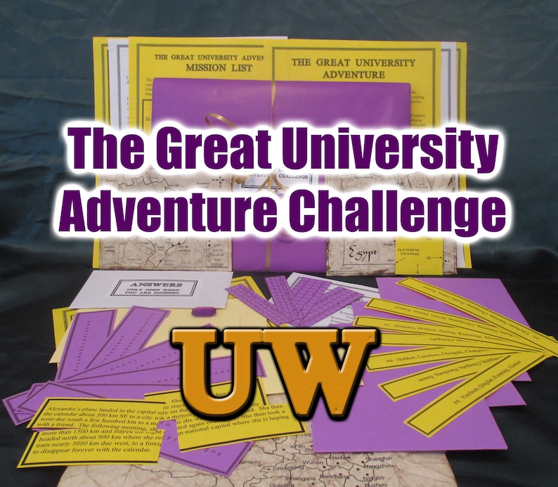 May include: A collection of materials for "The Great University Adventure Challenge" game. Includes yellow mission lists, purple cards, a map, and the text "The Great University Adventure Challenge" in white and purple.