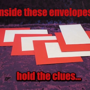 May include: Red and white envelopes arranged on a purple surface. The text "Inside these envelopes hold the clues..." is displayed in red. The envelopes are rectangular and have a red border with a white interior.