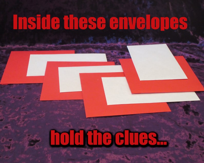 May include: Red and white envelopes arranged on a purple surface. The text "Inside these envelopes hold the clues..." is displayed in red. The envelopes are rectangular and have a red border with a white interior.
