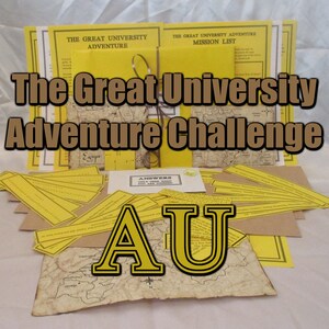 May include: A collection of adventure game materials, including yellow folders, maps, and answer sheets. The text "The Great University Adventure Challenge" is prominently displayed. The letters "AU" are also visible.