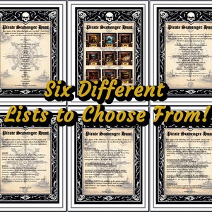 May include: Six framed pirate scavenger hunt lists with a skull and crossbones at the top. The text reads "Six Different Lists to Choose From!" Each list has a different set of clues and challenges for a pirate-themed game.