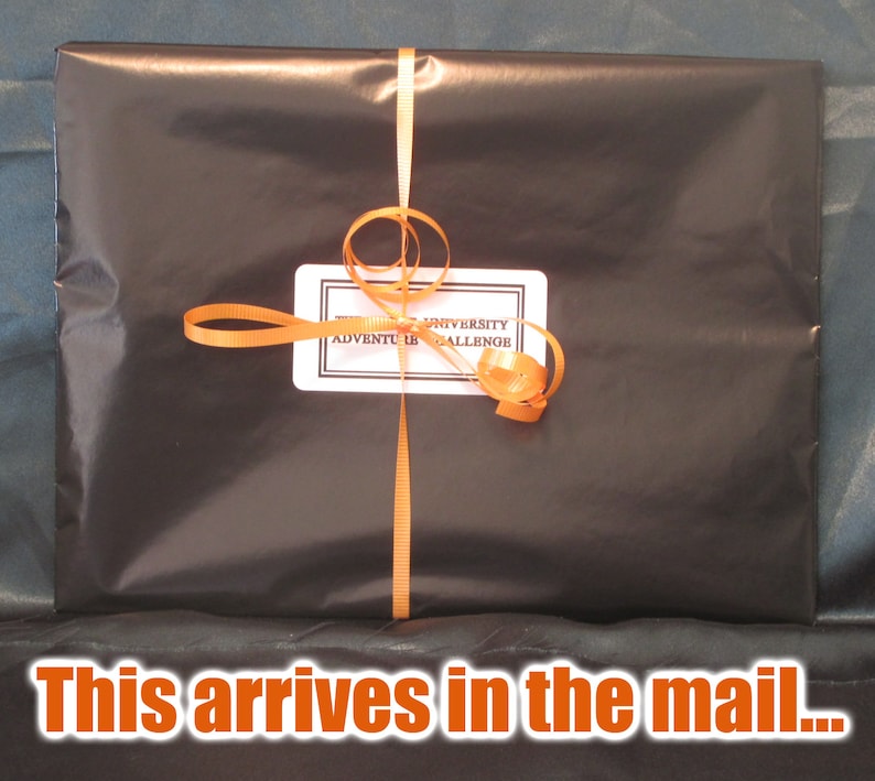 May include: A wrapped package in black paper, tied with an orange ribbon and bow. A white label with black text reads "Adventure Challenge". The text "This arrives in the mail..." is at the bottom of the image.