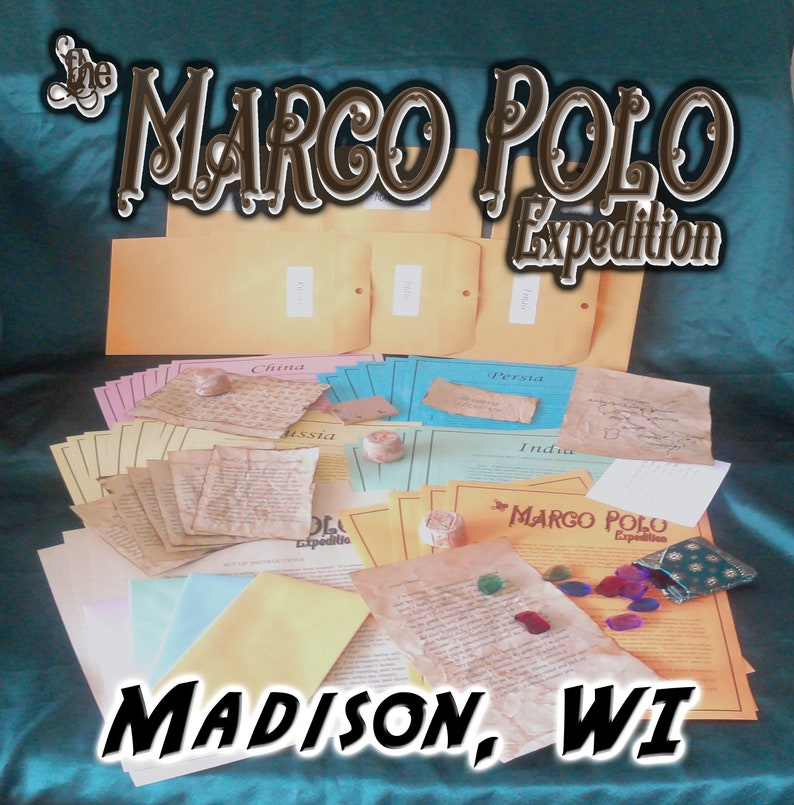May include: A collection of aged paper documents and envelopes, labeled with place names like China, Persia, and India, arranged on a teal surface. The text "The Marco Polo Expedition" and "Madison, WI" are also visible.
