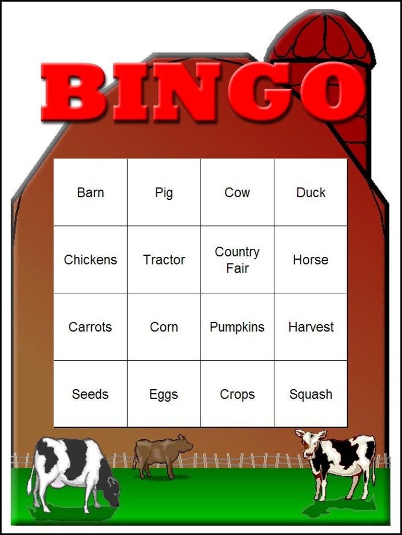 May include: A colorful Bingo game card with a farm theme. The word "BINGO" is in large red letters at the top. The card features farm-related words like "Barn," "Pig," and "Cow." Cows graze at the bottom of the card, with a barn silhouette in the background.