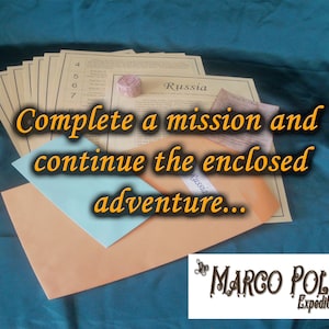 May include: An adventure game kit with the text "Complete a mission and continue the enclosed adventure..." is displayed. The kit includes several beige papers, a light blue and orange envelope, and a small wrapped item. The Marco Polo Expedition logo is in the bottom right.